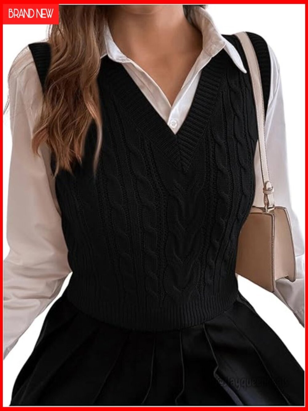 Cable Knit V-Neck Sweater Vest Sleeveless Crop Top Acrylic Lightweight